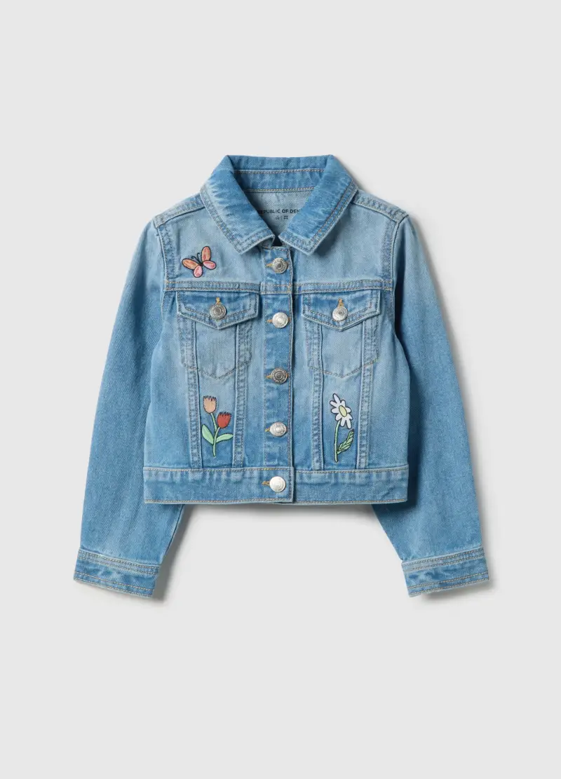 Giacca In Puro Cotone Denim Blu Regular Fit Con Applicazioni, Bambina, Denim