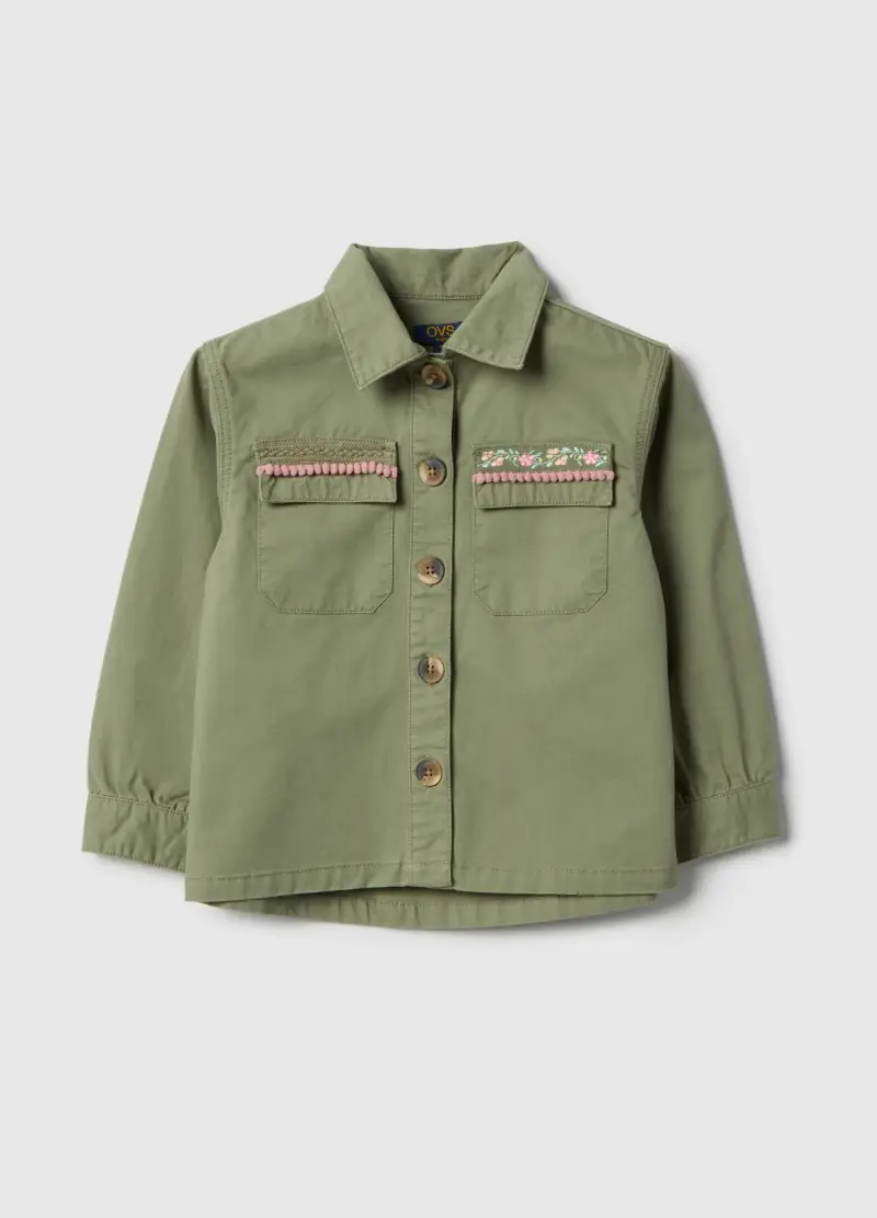 Giacca Leggera In Puro Cotone Verde Da Bambina Regular Fit Con Ricami, Verde