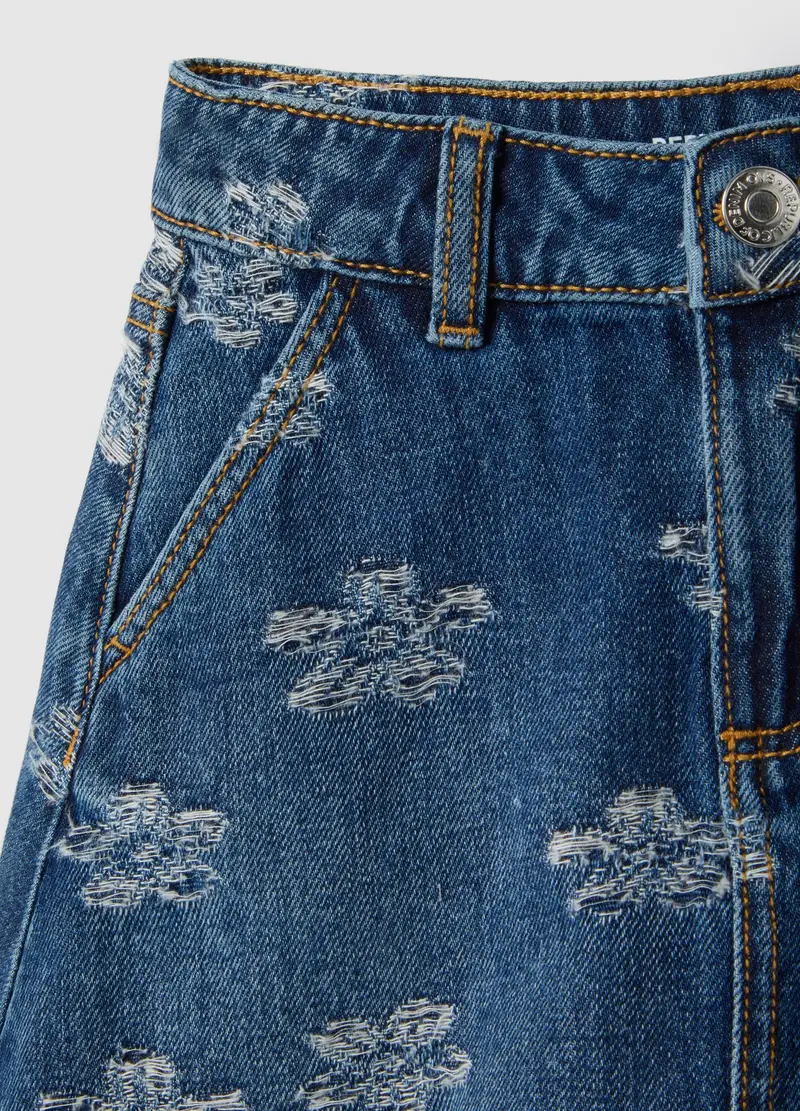 Gonna In Puro Cotone Denim Blu Regular Fit Con Stampe Floreali Per Bambina, Denim miniatura 3
