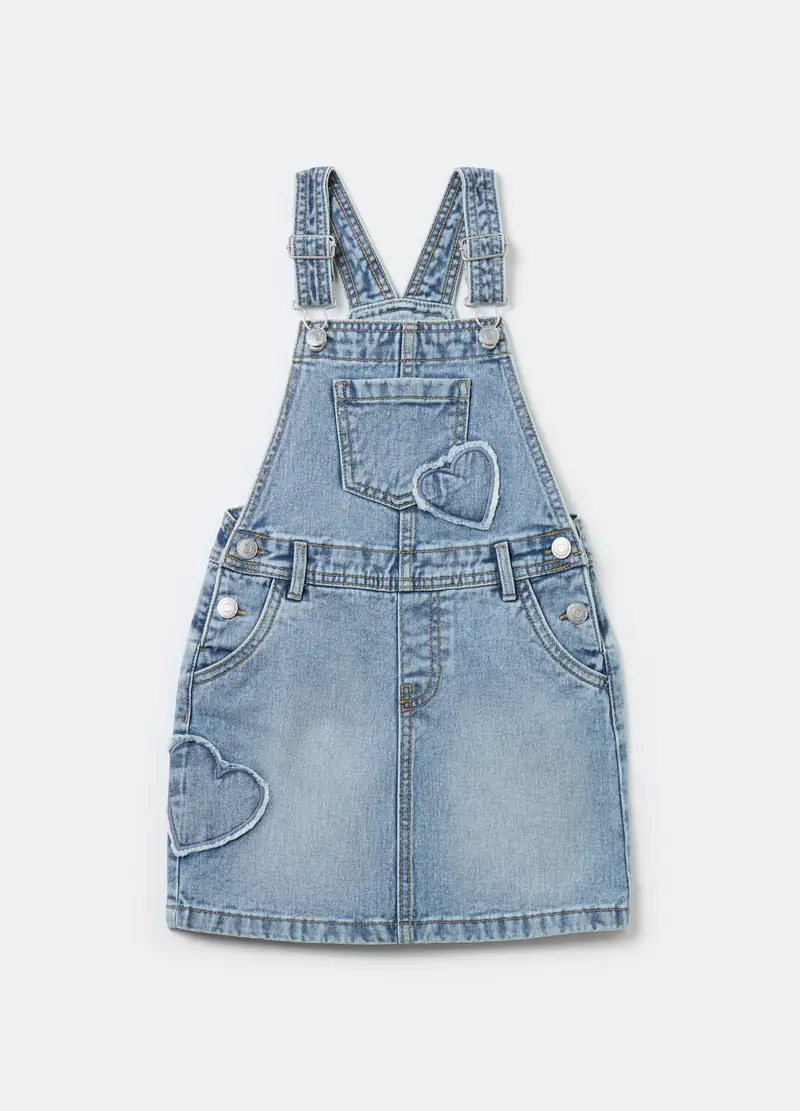 Gonna Salopette In Denim Con Ricami A Cuore, Bambina, Denim