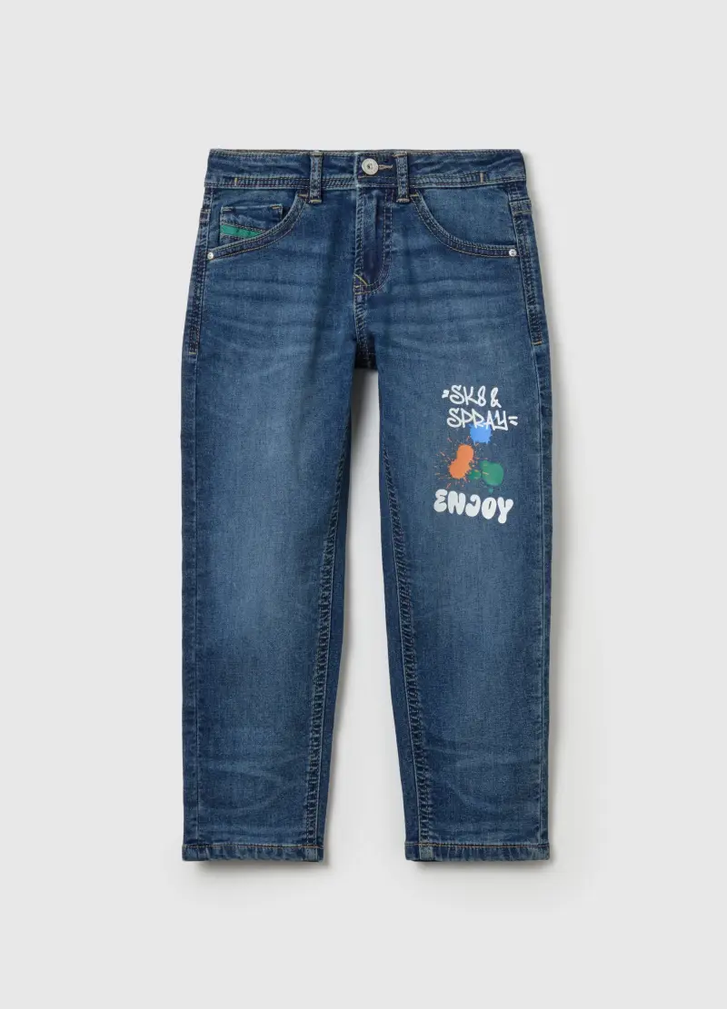 Jeans Cinque Tasche Stampa "sk8 & Spray", Bambino, Denim