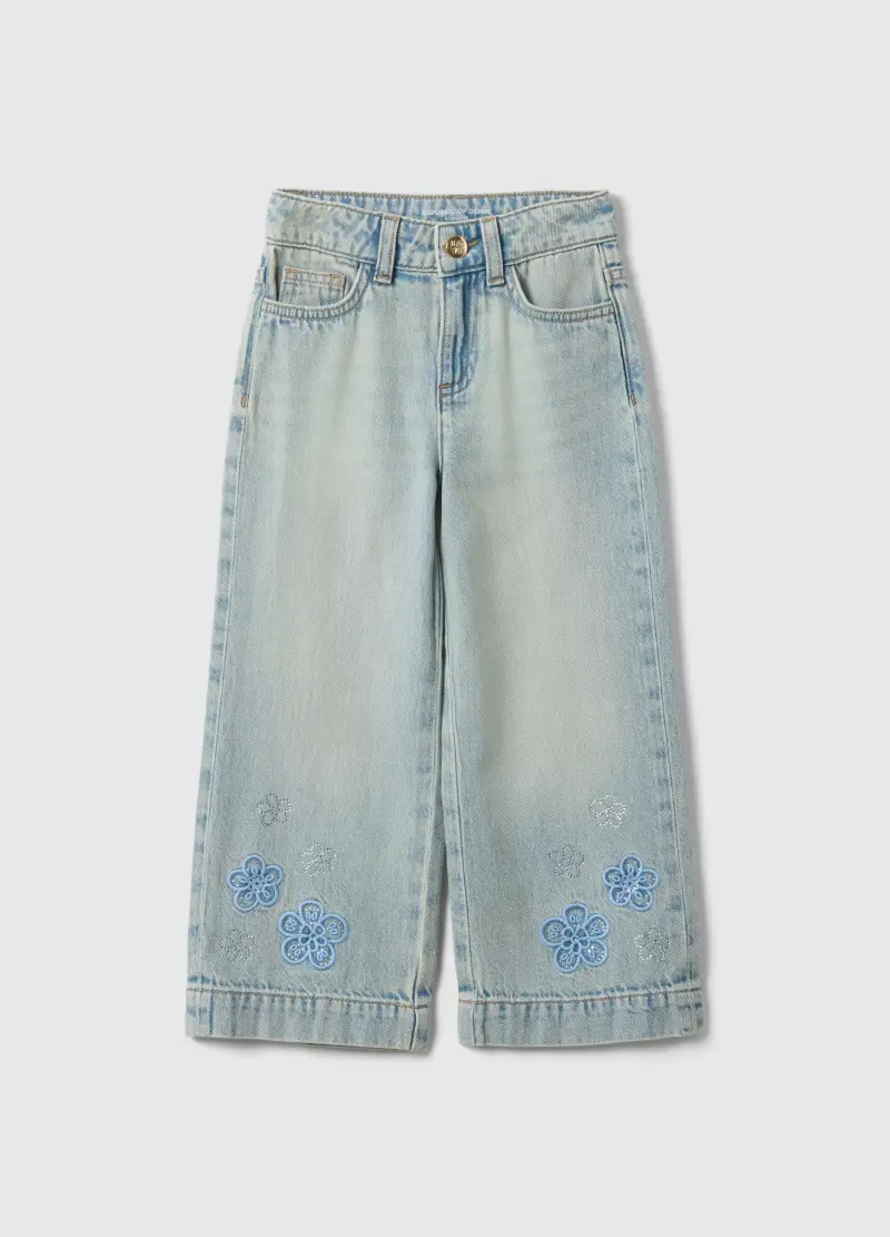 Jeans In Puro Cotone Denim Azzurro Da Bambina Regular Fit Con Ricami, Denim