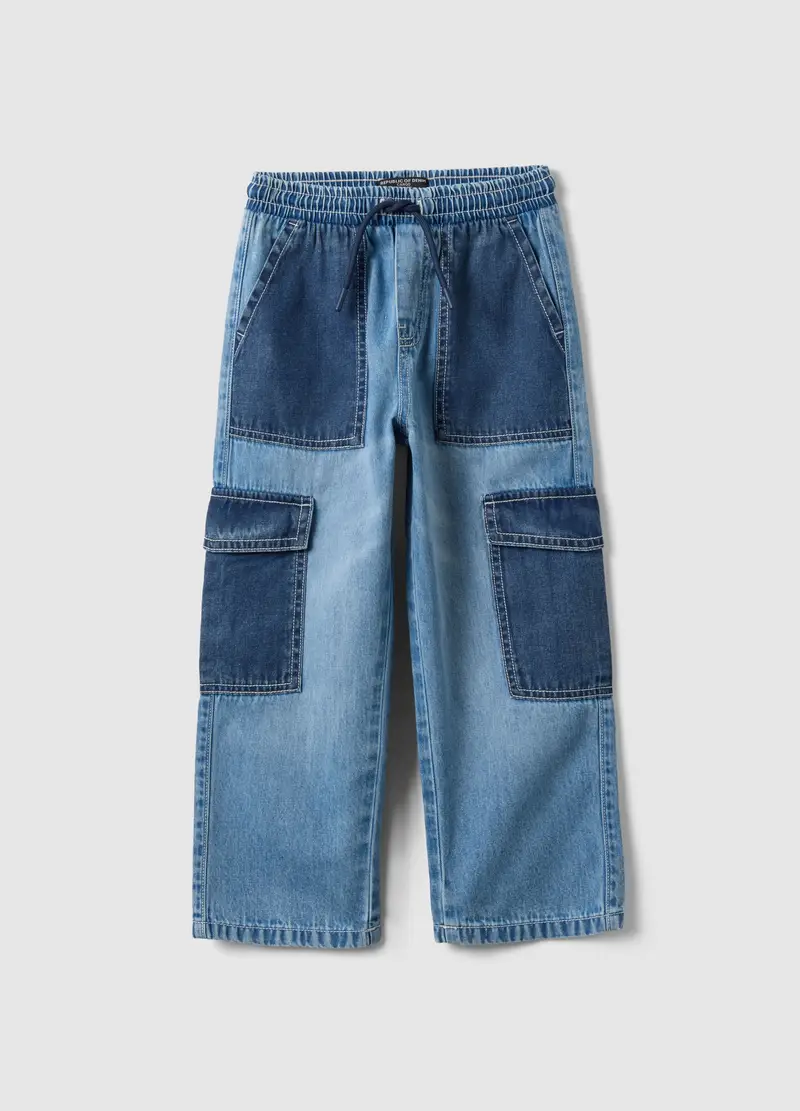 Jogger Cargo In Puro Cotone Denim Multicolor Da Bambino Relaxed Fit, Multicolor