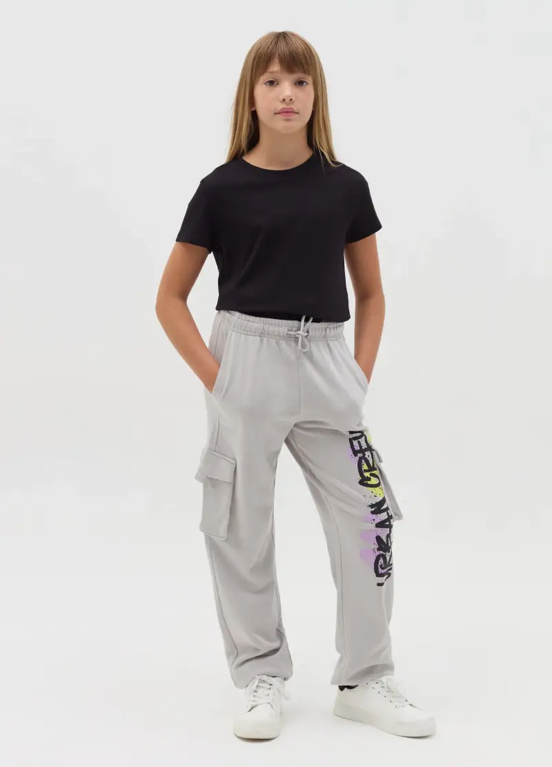 Joggers Cargo Con Stampa "urban Crew", Bambina, Grigio