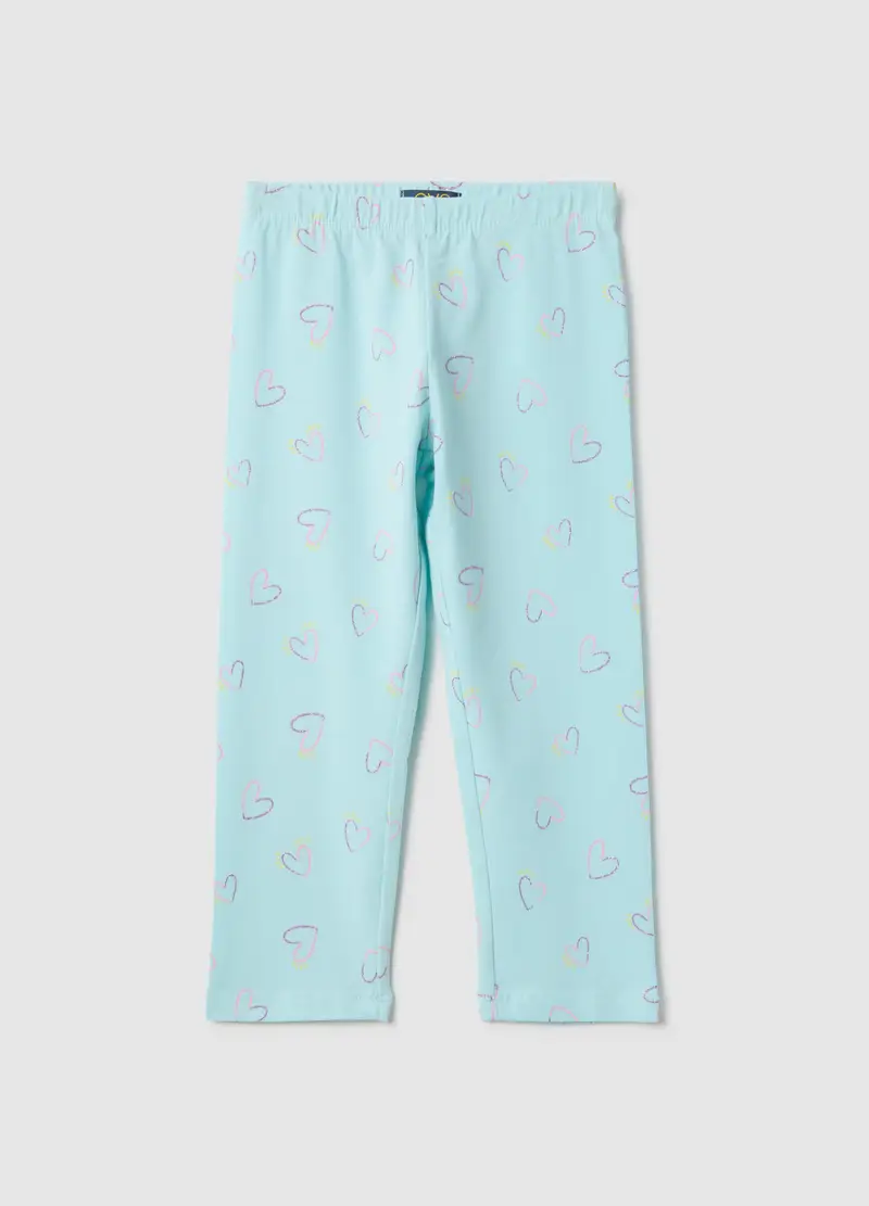 Leggings In Cotone Elasticizzato Azzurro Da Bambina Skinny Fit Con Cuori, Azzurro