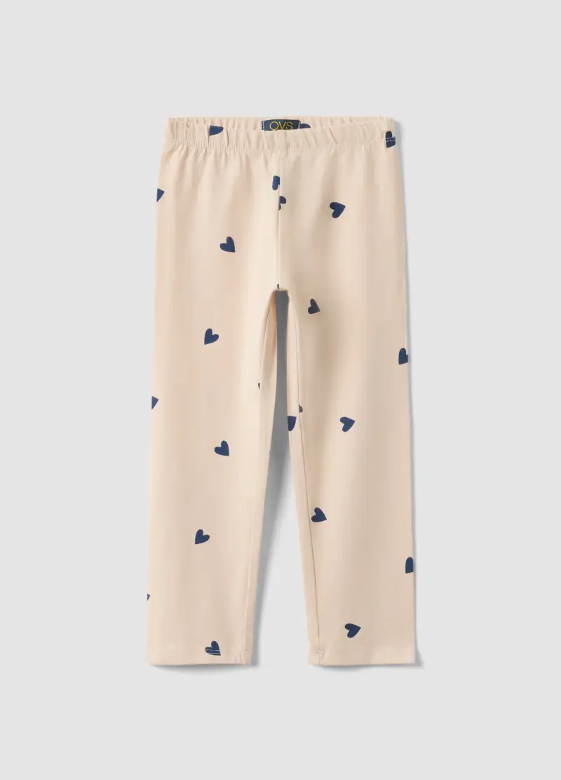 Leggings In Cotone Elasticizzato Beige Da Bambina Slim Fit Con Disegni, Beige