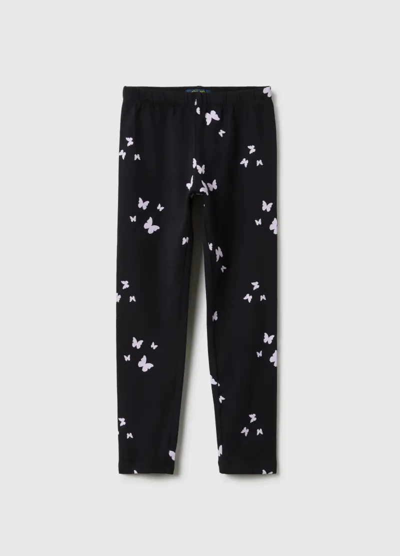 Leggings In Cotone Elasticizzato Neri Skinny Fit Per Bambina, Nero