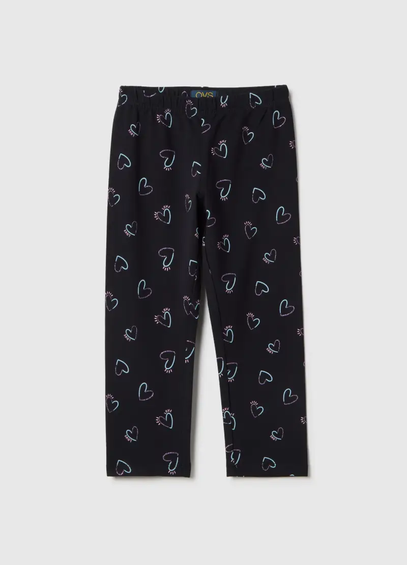 Leggings In Cotone Elasticizzato Nero Da Bambina Skinny Fit Con Cuori, Nero