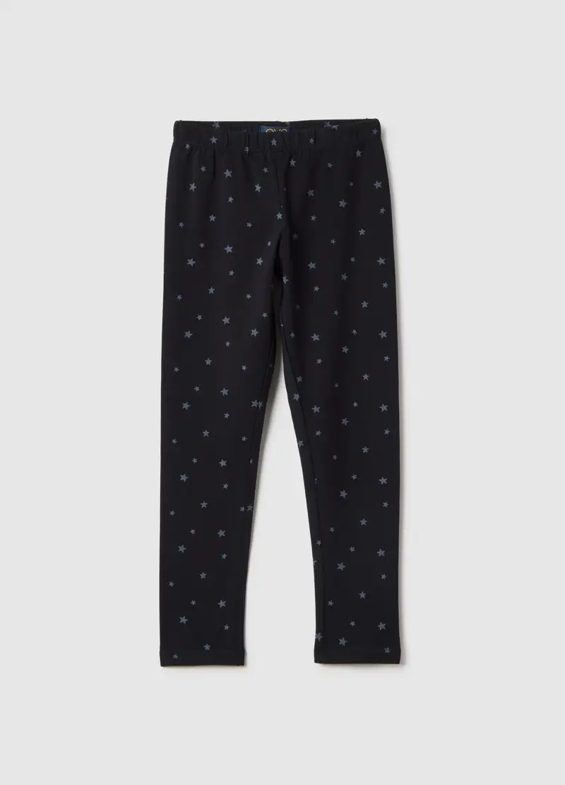 Leggings In Cotone Elasticizzato Nero Da Bambina Skinny Fit Con Stelle, Nero