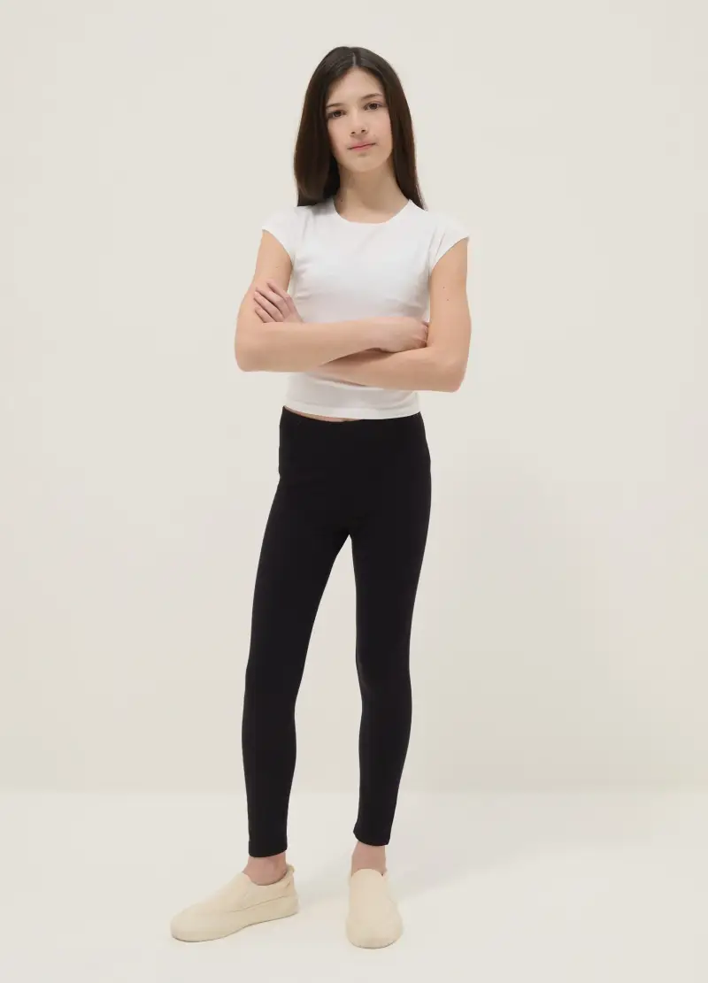 Leggings In Cotone Elasticizzato Nero Da Ragazza Slim Fit, Bambina, Nero