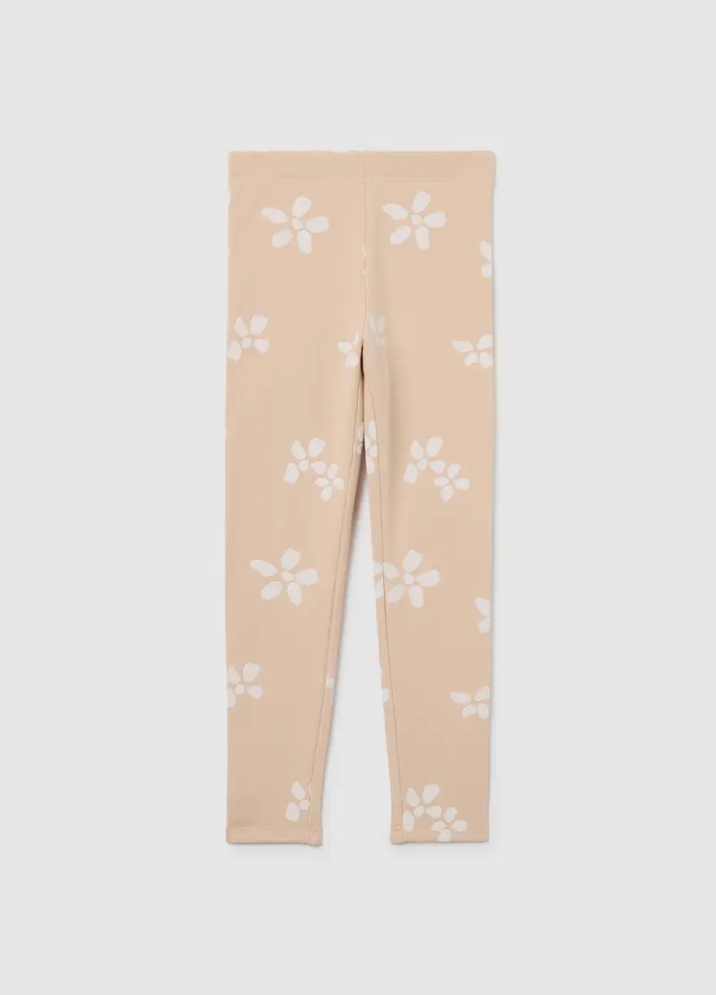 Leggings Skinny Da Bambina In Cotone Beige Con Stampe Floreali, Multicolor