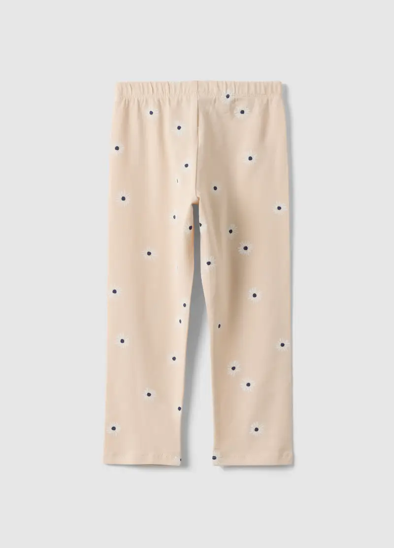 Leggings Skinny In Cotone Elasticizzato Beige Da Bambina Con Fiori, Beige miniatura 2