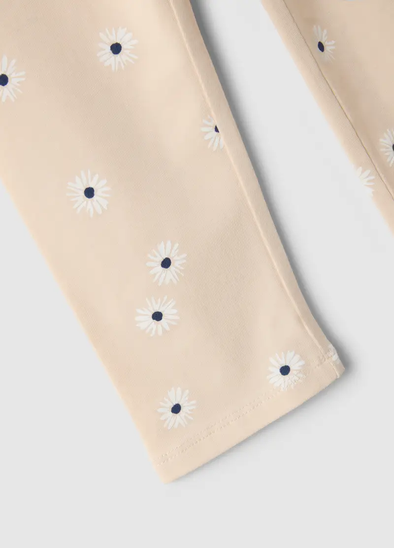 Leggings Skinny In Cotone Elasticizzato Beige Da Bambina Con Fiori, Beige miniatura 3