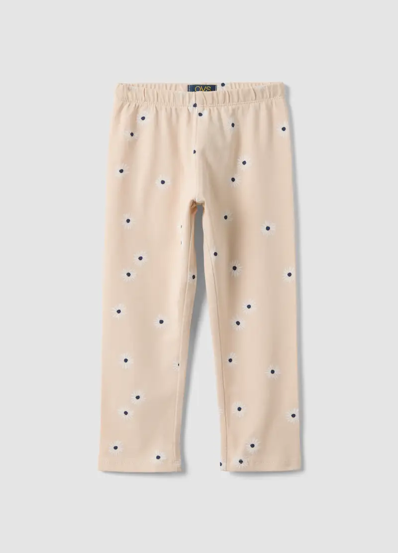 Leggings Skinny In Cotone Elasticizzato Beige Da Bambina Con Fiori, Beige