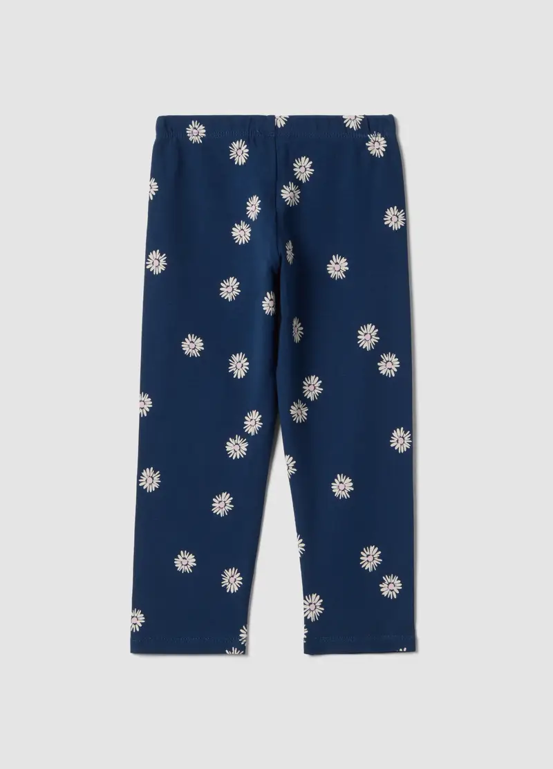 Leggings Skinny In Cotone Elasticizzato Blu Da Bambina Con Fiori, Blu miniatura 2