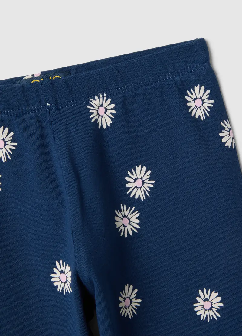 Leggings Skinny In Cotone Elasticizzato Blu Da Bambina Con Fiori, Blu miniatura 3