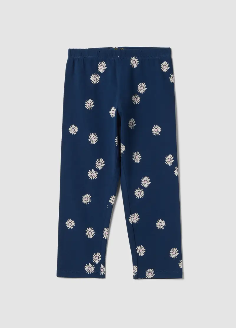 Leggings Skinny In Cotone Elasticizzato Blu Da Bambina Con Fiori, Blu