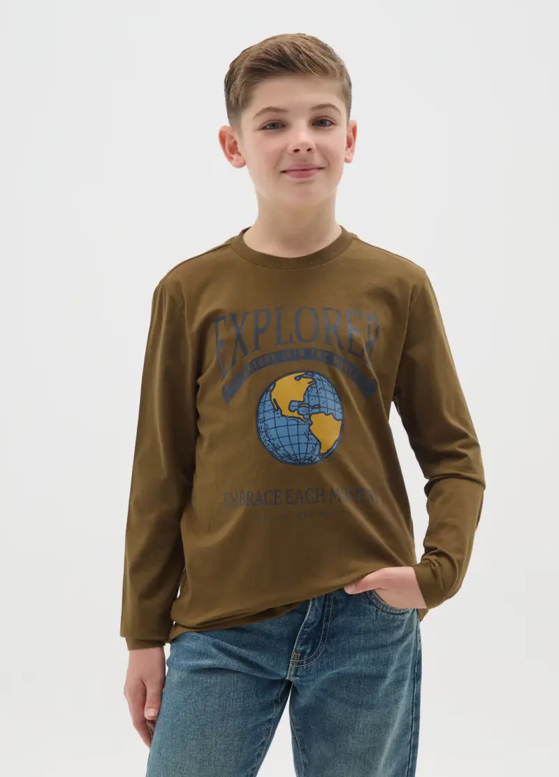 Maglia A Maniche Lunghe Da Ragazzo In Puro Cotone Marrone, Bambino, Marrone