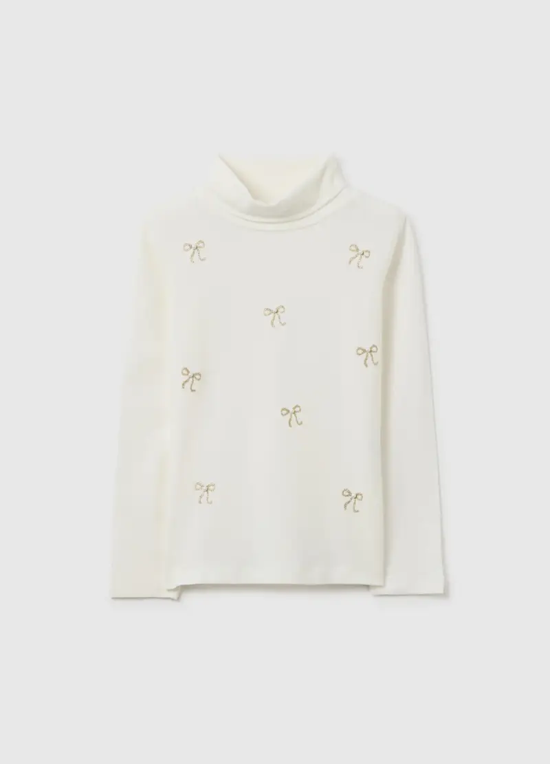 Maglia Bianca A Collo Alto Da Bambina In Misto Cotone Regular Fit, Bianco