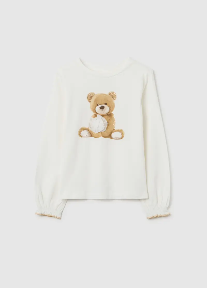 Maglia Bianca Da Bambina In Cotone Elasticizzato Con Stampa, Bianco