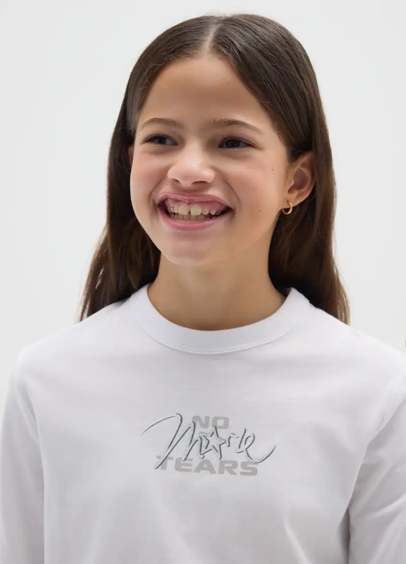 Maglia Bianca Da Ragazza In Puro Cotone Regular Fit Con Stampa, Bambina, Bianco miniatura 3