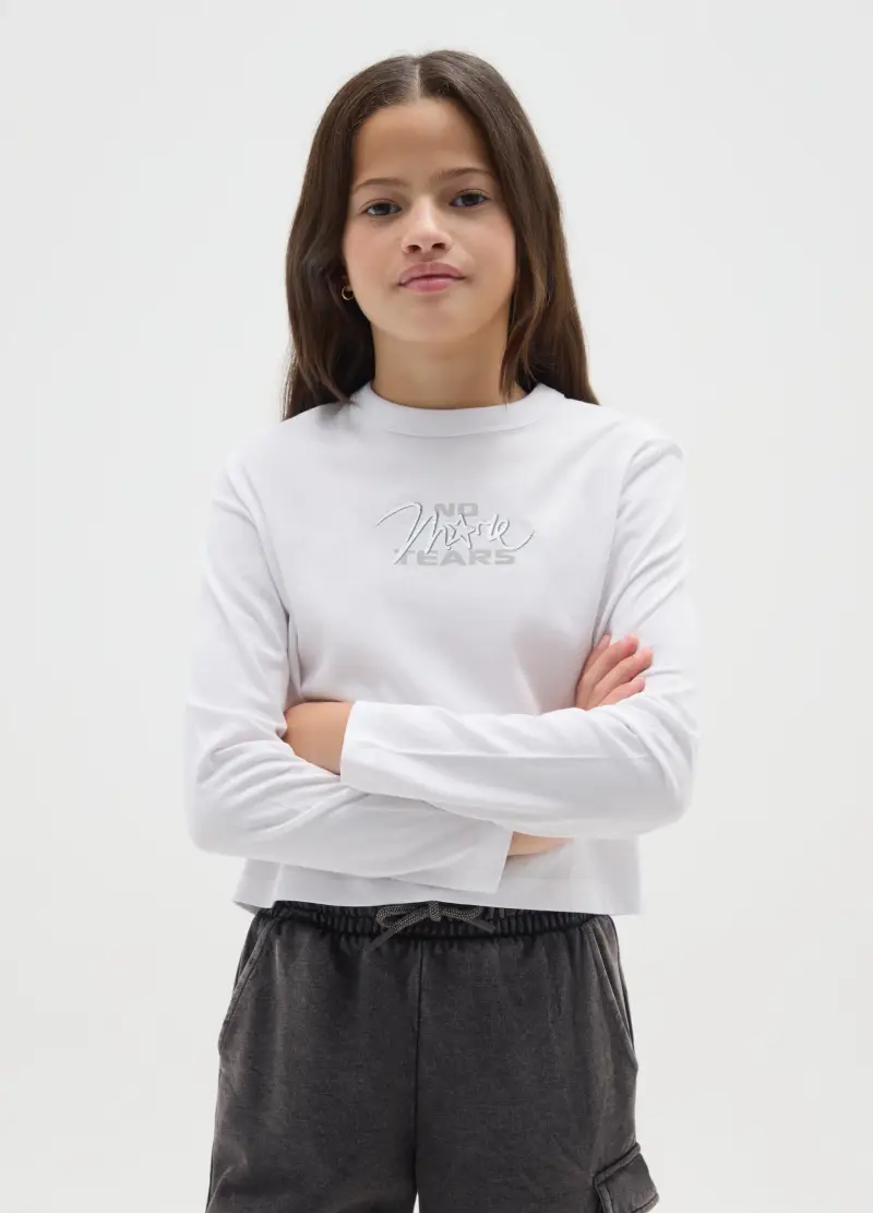 Maglia Bianca Da Ragazza In Puro Cotone Regular Fit Con Stampa, Bambina, Bianco