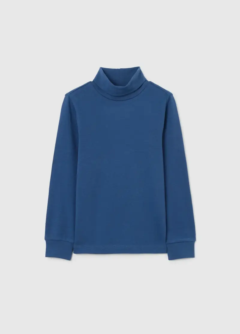 Maglia Blu A Collo Alto Da Bambino In Puro Cotone Regular Fit, Blu