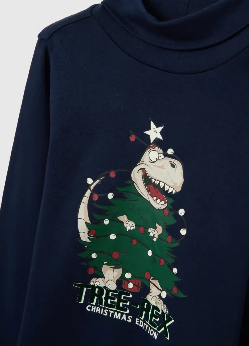 Maglia Blu Collo Alto Da Bambino In Puro Cotone Regular Fit Stampa, Blu miniatura 3