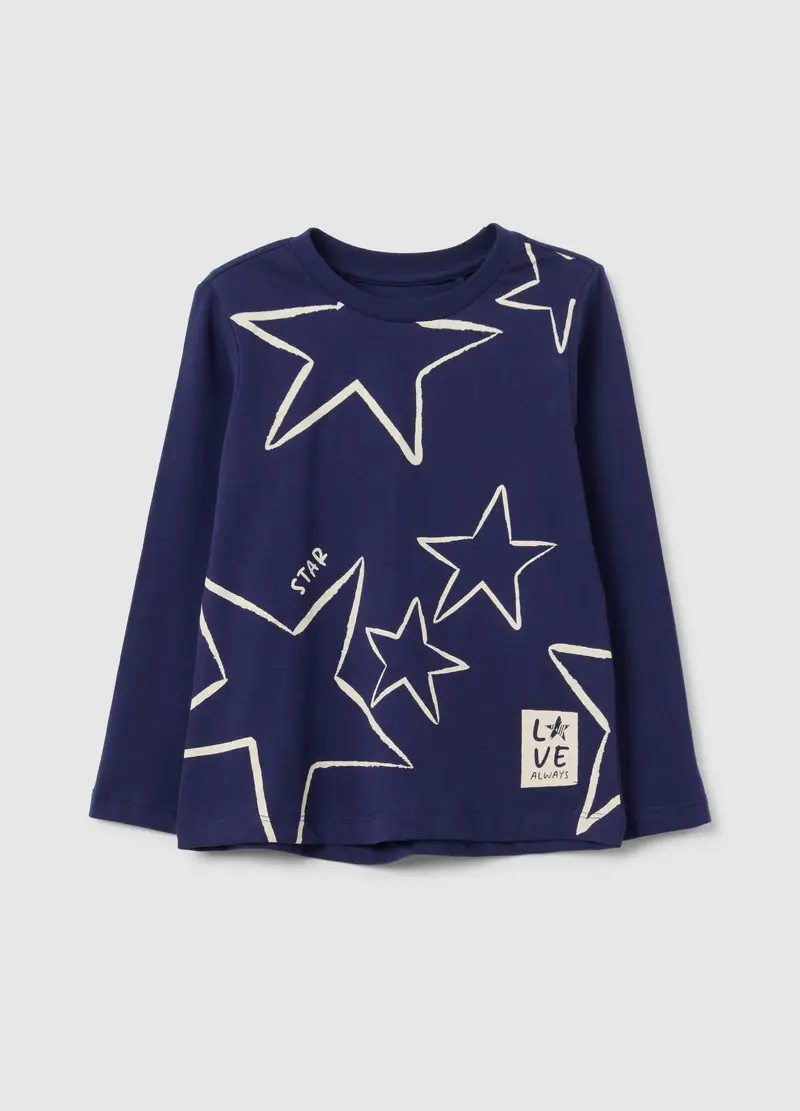 Maglia Da Bambina In Puro Cotone Blu Regular Fit Con Stelle, Blu