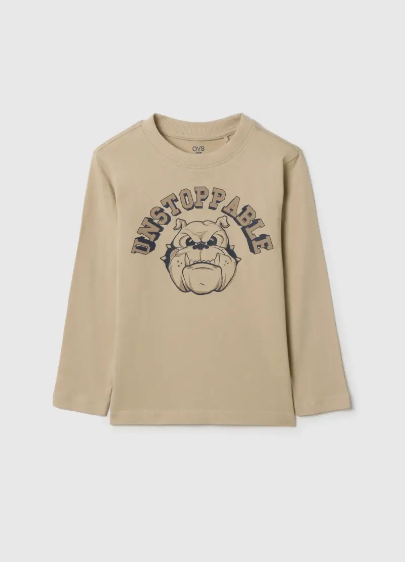 Maglia Da Bambino In Puro Cotone Beige Regular Fit Con Stampa, Beige