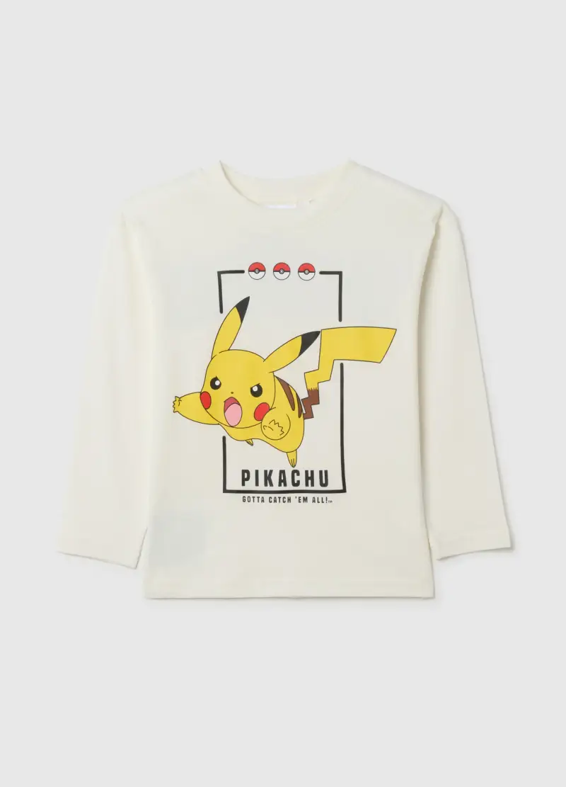 Maglia Da Bambino In Puro Cotone Bianca Regular Fit Con Stampa Pokémon, Bianco