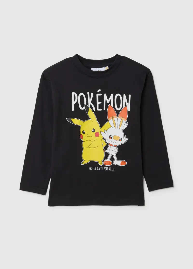 Maglia Da Bambino In Puro Cotone Nero Regular Fit Con Stampa Pokémon, Nero