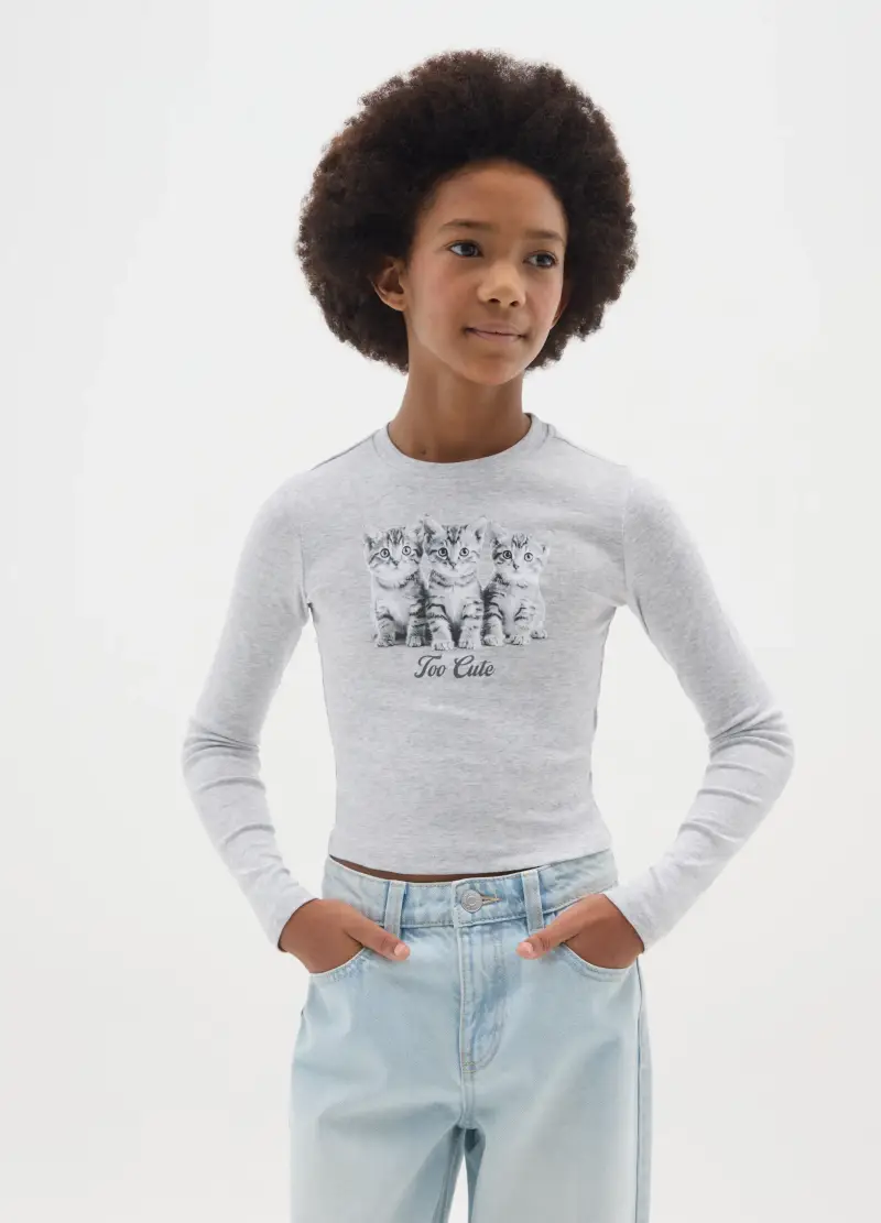 Maglia Da Ragazza In Cotone Elasticizzato Grigia Regular Fit, Bambina, Grigio