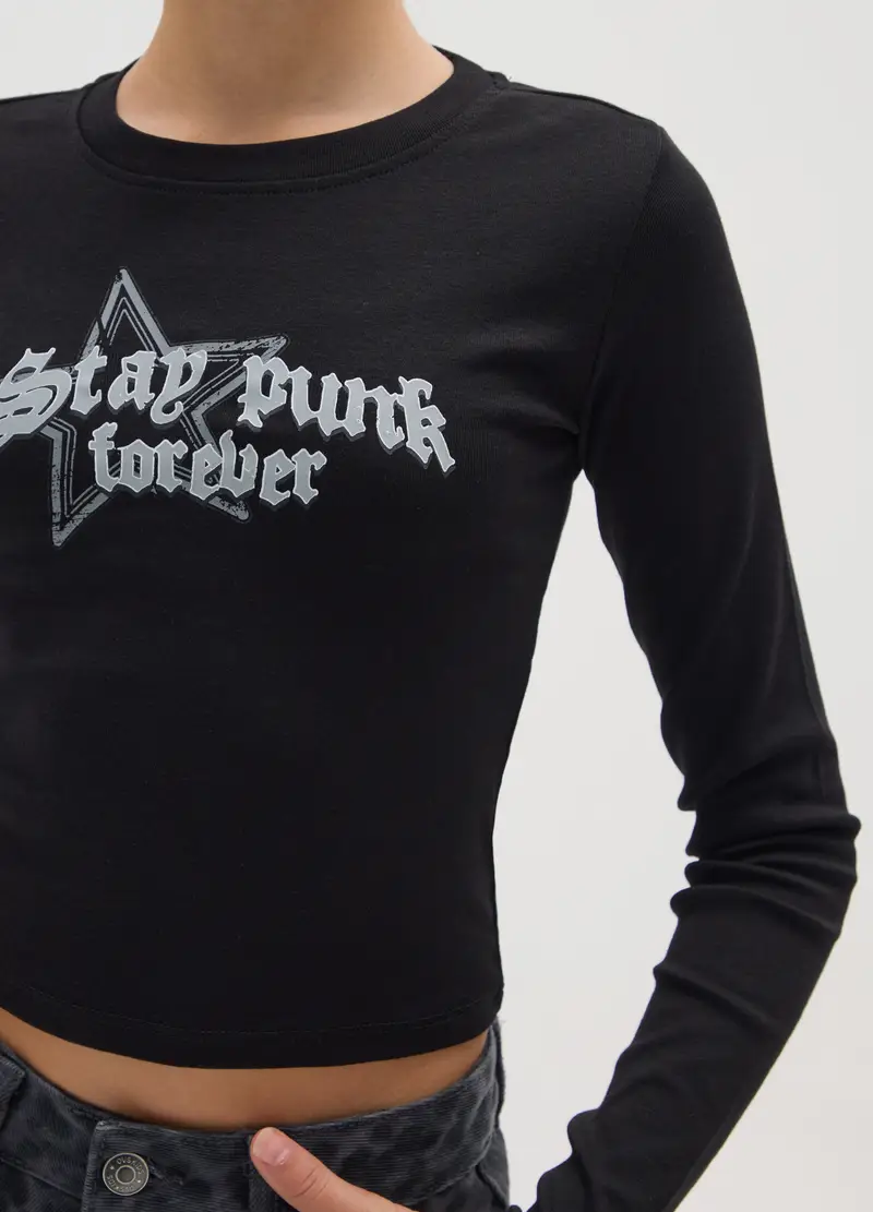 Maglia Da Ragazza In Cotone Elasticizzato Nera Regular Fit, Bambina, Nero miniatura 3