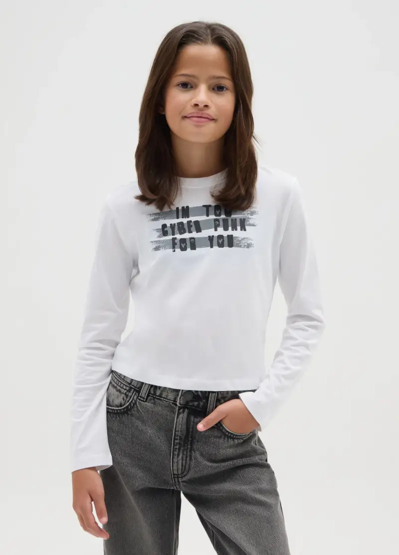 Maglia Da Ragazza In Puro Cotone Bianca Regular Fit, Bambina, Bianco