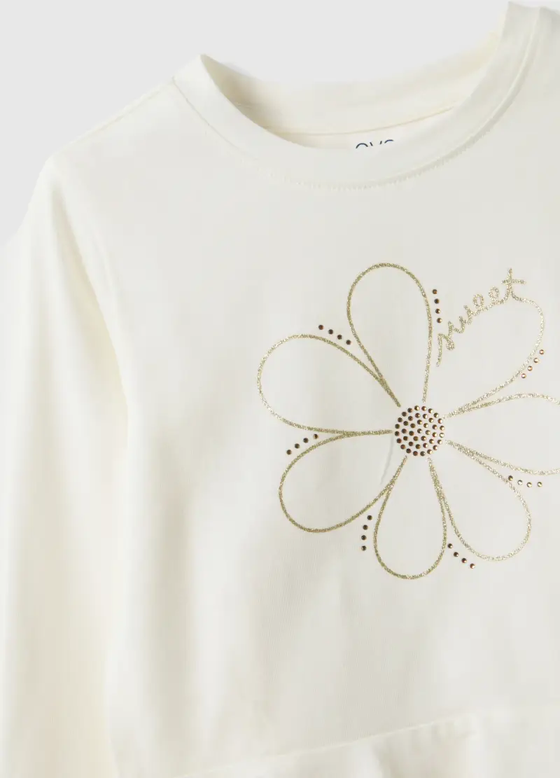 Maglia In Cotone Elasticizzato Bianca Da Bambina Regular Fit Con Fiore, Bianco miniatura 3