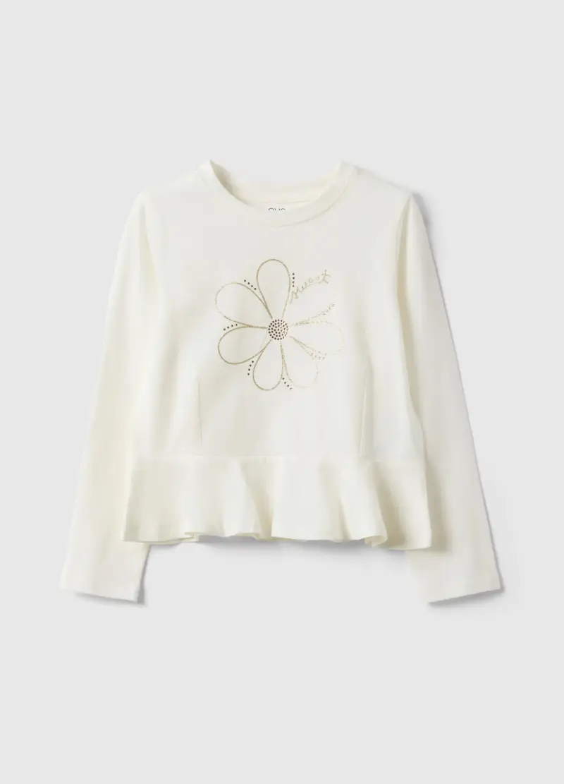 Maglia In Cotone Elasticizzato Bianca Da Bambina Regular Fit Con Fiore, Bianco