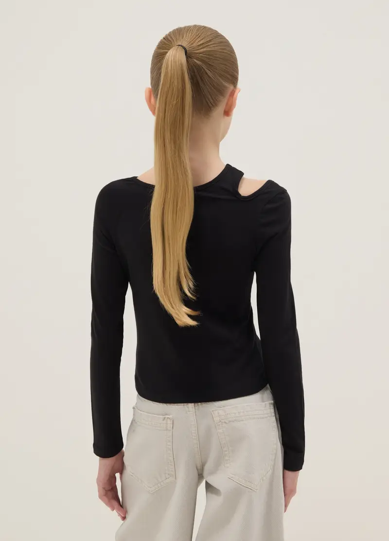 Maglia In Misto Cotone Nera Da Ragazza Slim Fit Con Scollo A Barca, Bambina, Nero miniatura 2