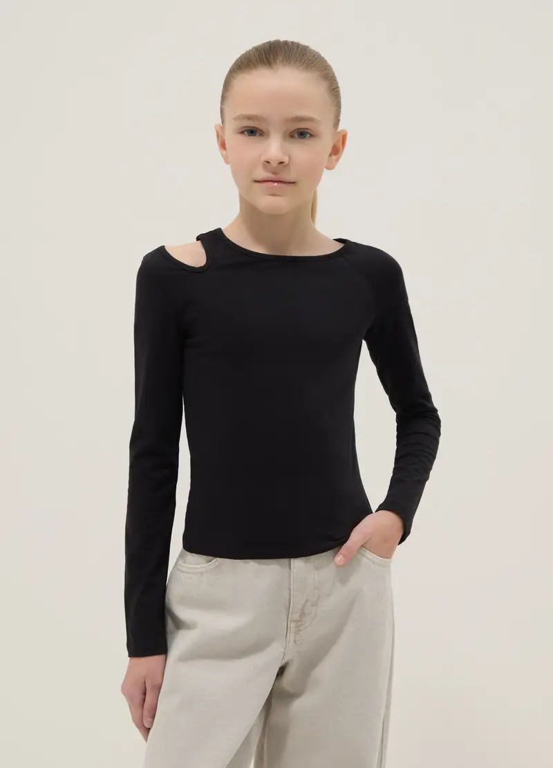 Maglia In Misto Cotone Nera Da Ragazza Slim Fit Con Scollo A Barca, Bambina, Nero