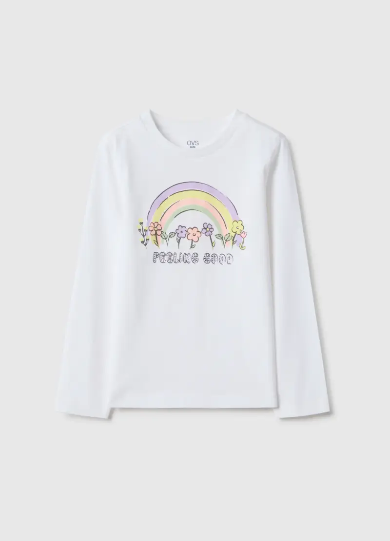 Maglia In Puro Cotone Bianca Da Bambina Regular Fit Con Stampa, Bianco