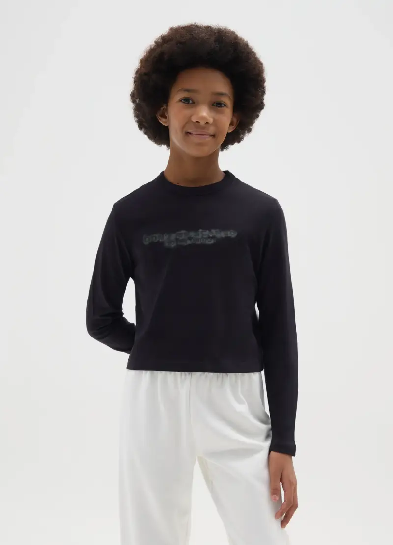 Maglia Nera Da Ragazza In Puro Cotone Regular Fit Con Stampa, Bambina, Nero