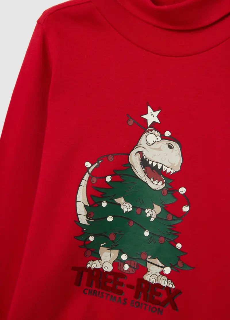 Maglia Rossa Collo Alto Da Bambino In Puro Cotone Regular Fit Stampa, Rosso miniatura 3