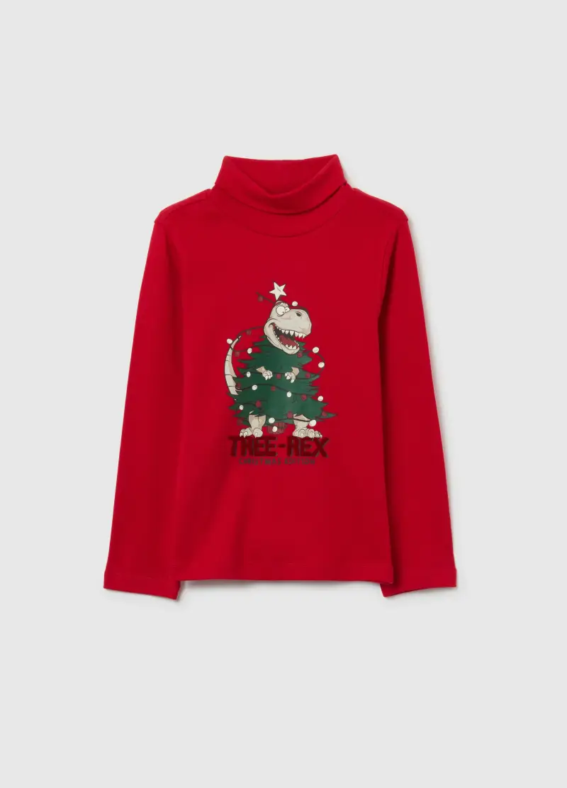 Maglia Rossa Collo Alto Da Bambino In Puro Cotone Regular Fit Stampa, Rosso