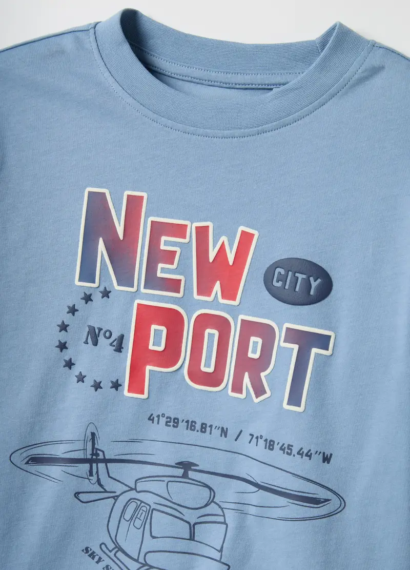 Maglietta Azzurra Da Bambino In Puro Cotone Over Fit Con Stampa, Azzurro miniatura 3