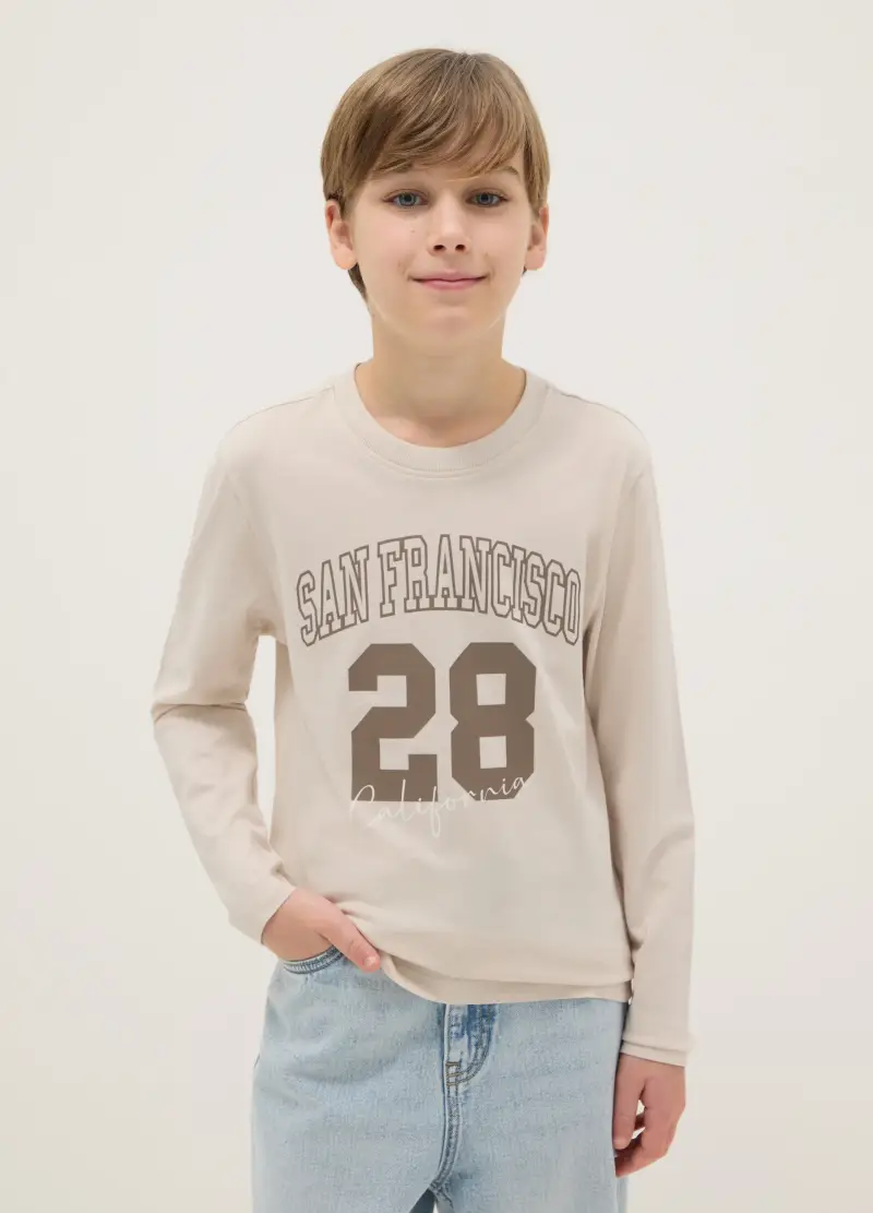 Maglietta Beige Da Ragazzo In Puro Cotone Regular Fit Con Stampa, Bambino, Beige