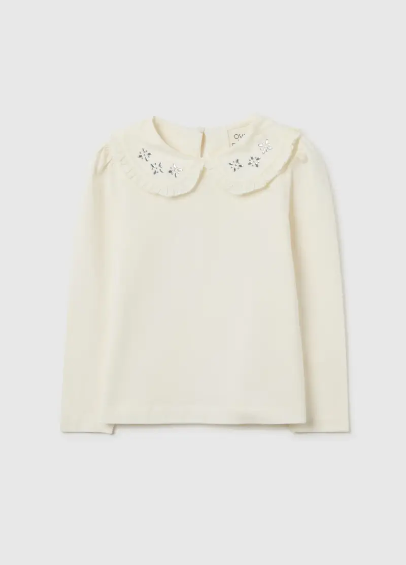 Maglietta Bianca Da Bambina In Misto Cotone Regular Fit Collo Lavorato, Bianco