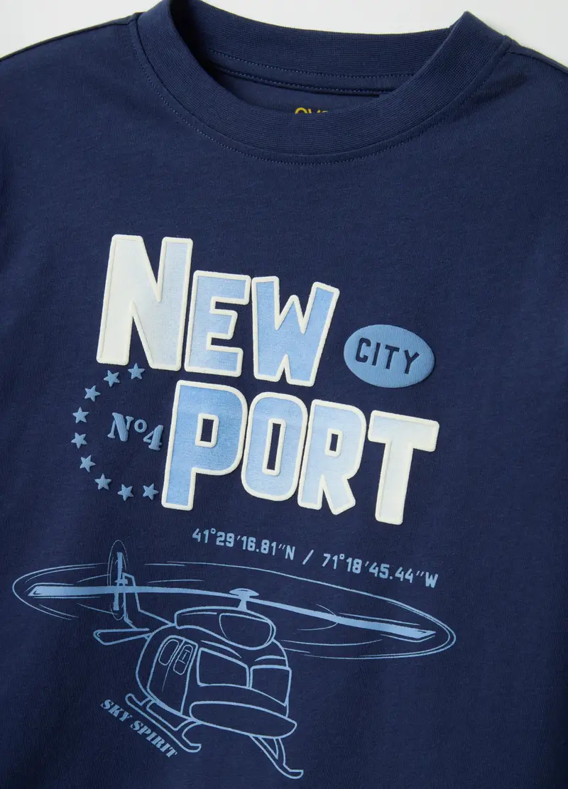 Maglietta Blu Da Bambino In Puro Cotone Over Fit Con Stampa, Blu miniatura 3