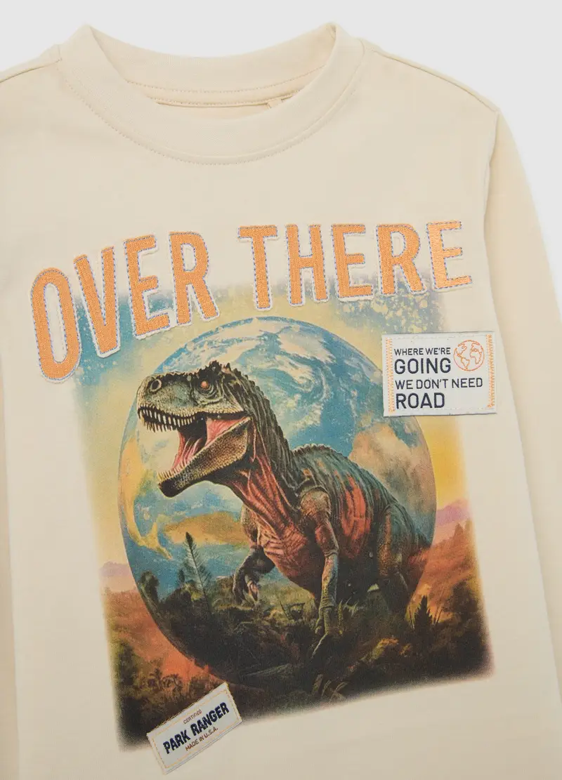 Maglietta Da Bambino In Puro Cotone Beige Regular Fit Con Stampa, Beige miniatura 3