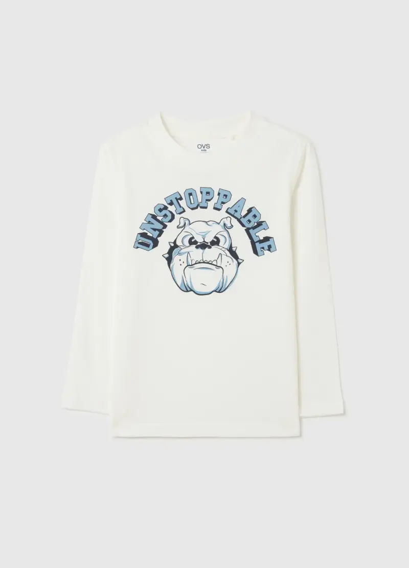 Maglietta Da Bambino In Puro Cotone Bianca Regular Fit Con Bulldog, Bianco