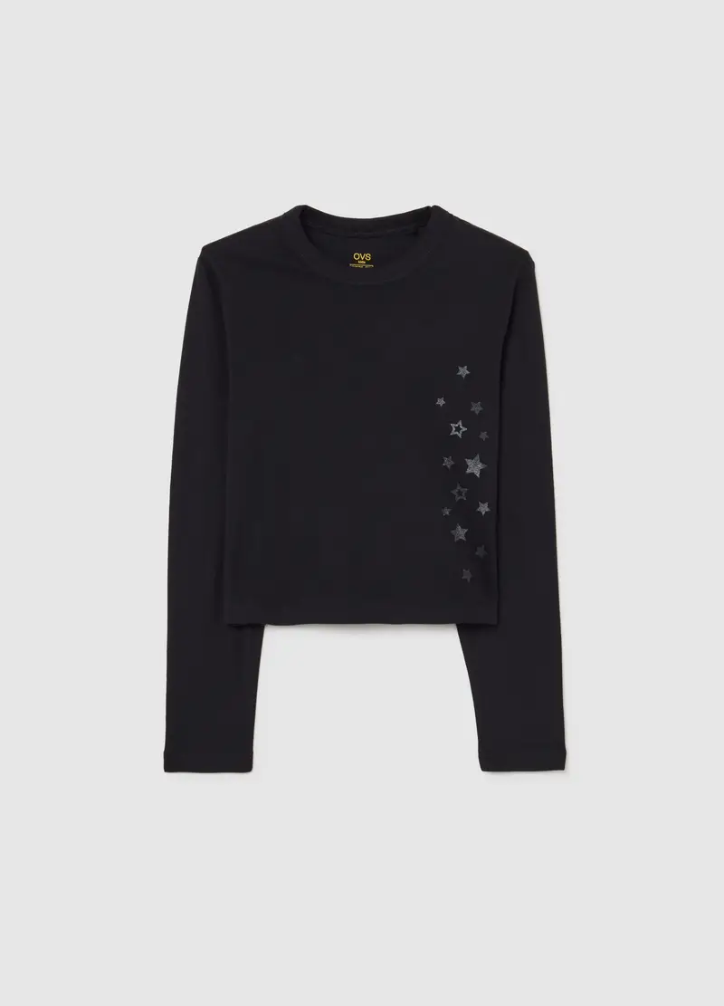 Maglietta Nera Da Ragazza In Puro Cotone Regular Fit Con Stampa Stelle, Bambina, Nero